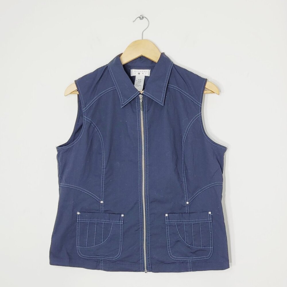 Weekend Zone Navy Blue Collar Sleeveless Cotton Pockets Zip Up Vest Outerwear M